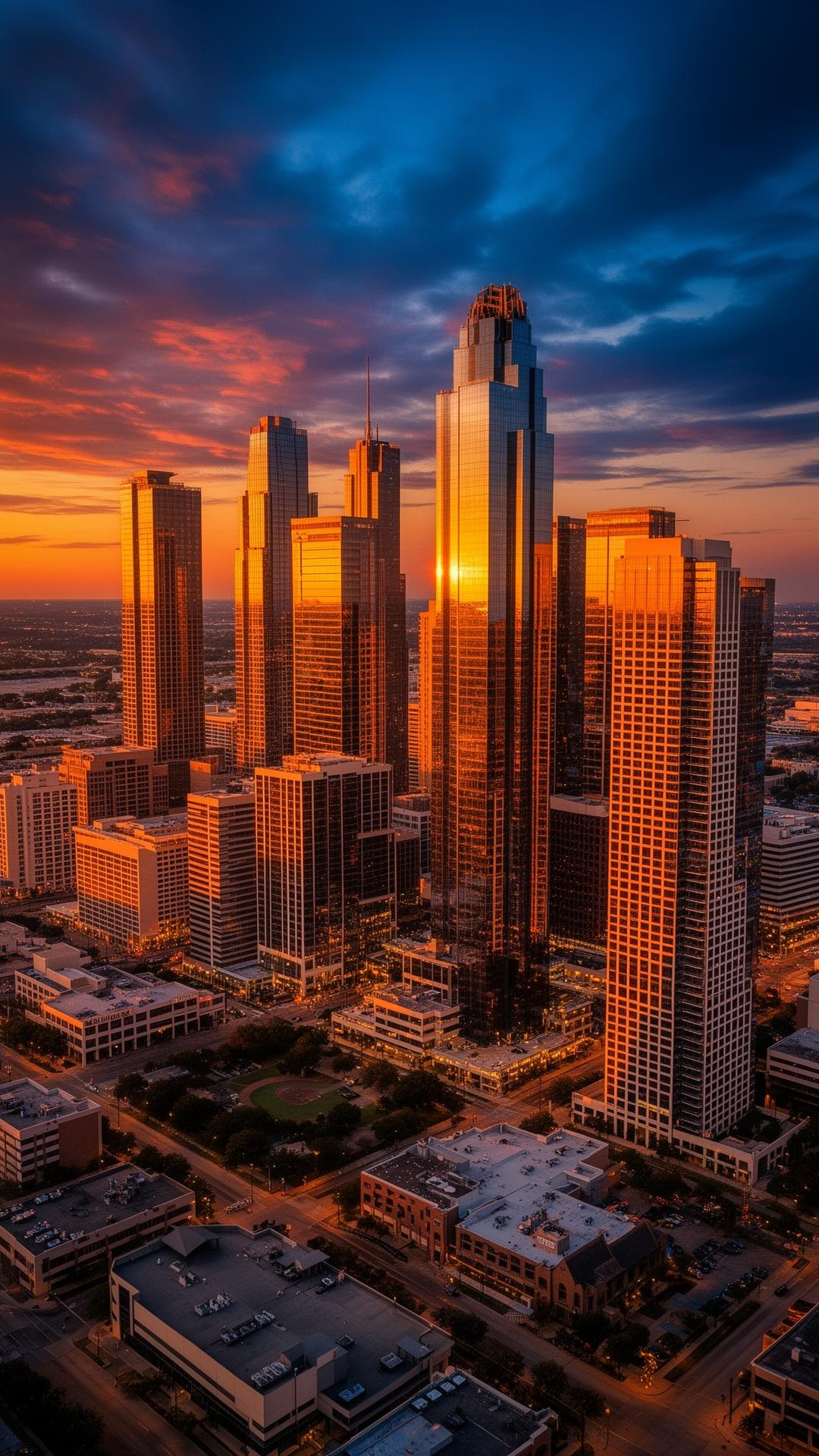 Dallas skyline at golden hour from a luxury corporate office